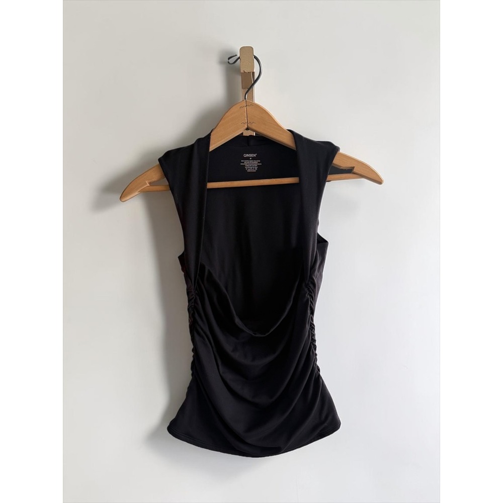 QINSEN Womens Black Ruched Sleeveless Bodycon Tank Top Size M